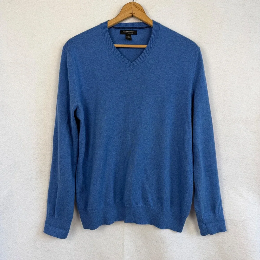 Banana Republic Mens Medium Blue‎ Cotton Cashmere V-Neck Sweater Casual Cozy